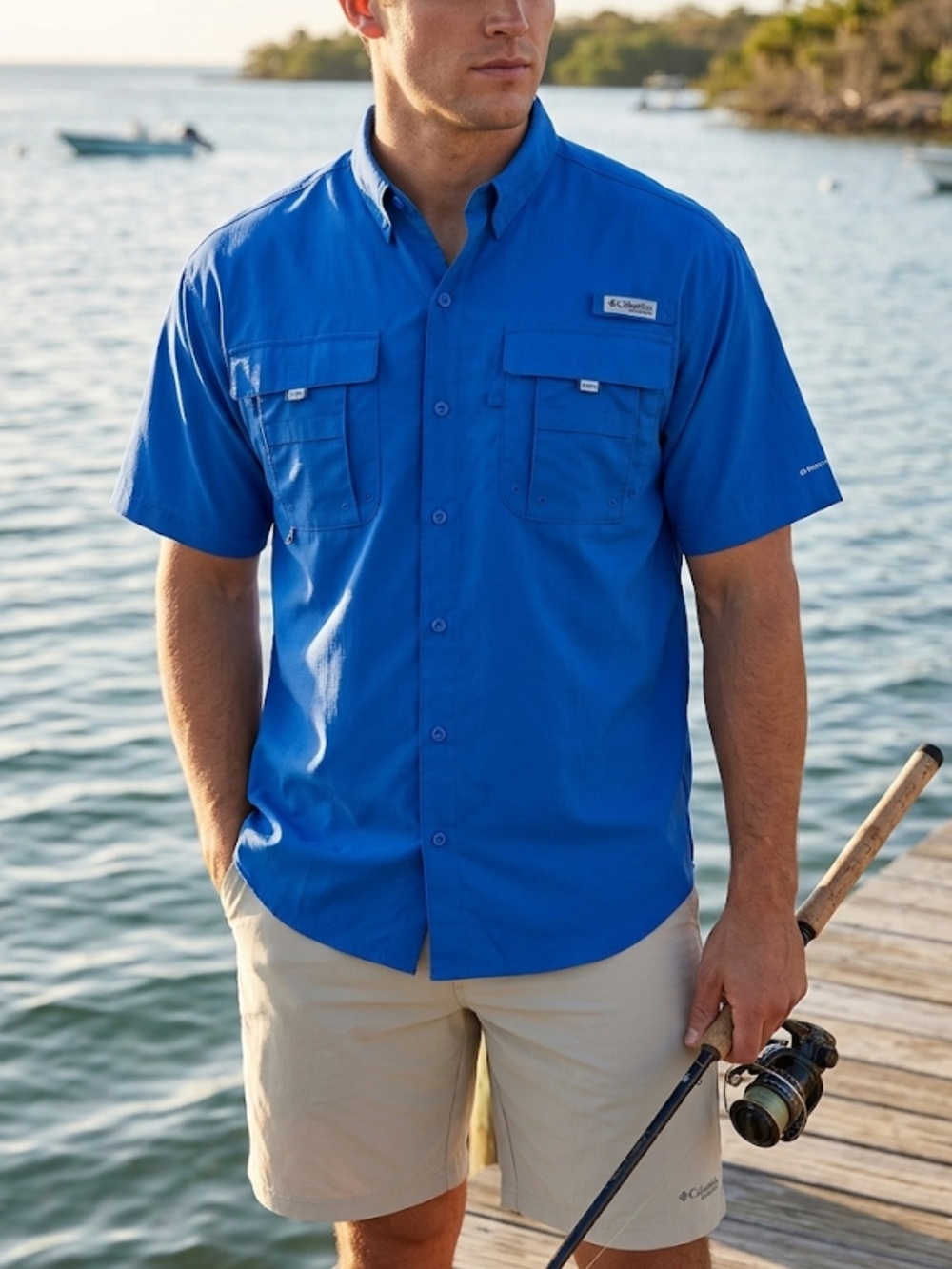 Columbia Size L Men’s Short-Sleeve Royal Blue Button-Down Fishing Shirt